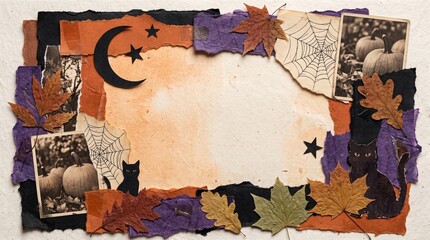 Naklejka premium Vintage Halloween scrapbook frame with autumn leaves, black cats, crescent moon, spiderwebs and pumpkin photographs surrounding textured blank copy space
