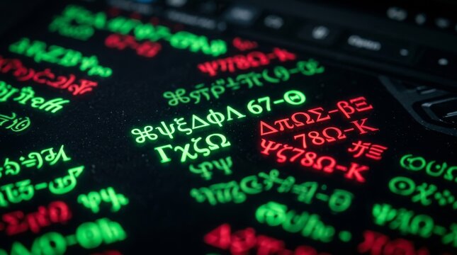Futuristic Digital Data Encryption with Glowing Green and Red Symbols