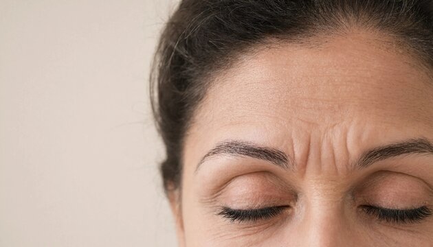 Close up of a woman with closed eyes showing forehead wrinkles and expression lines