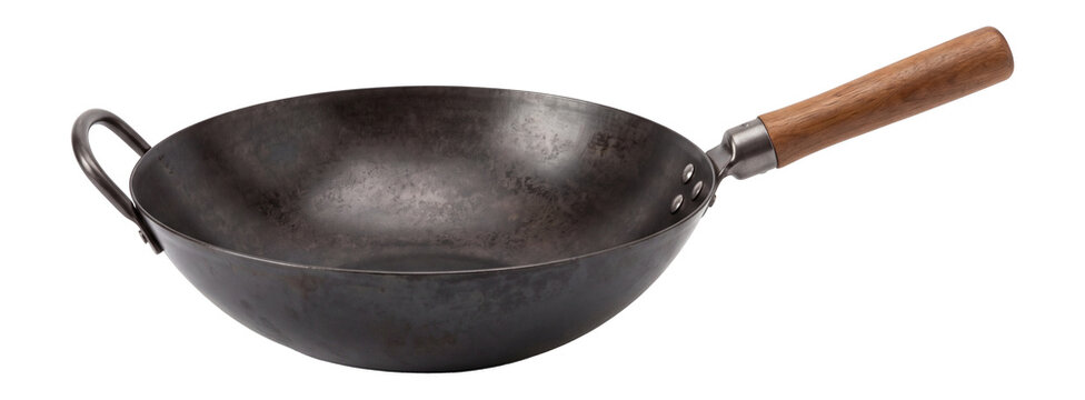 Carbon steel wok pan with long wooden handle, deep round asian cooking skillet with helper loop isolated on transparent background