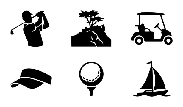 Golf Icon Set: Golfer, Golf Ball, Cart, Sailboat, Visor, Landscape Elements