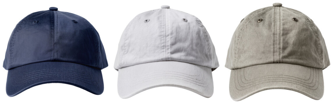 Three baseball caps in navy blue, white, and beige, isolated on a white background