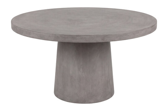 Round dining table with concrete gray top and pedestal base, minimalist stone look furniture isolated on transparent background