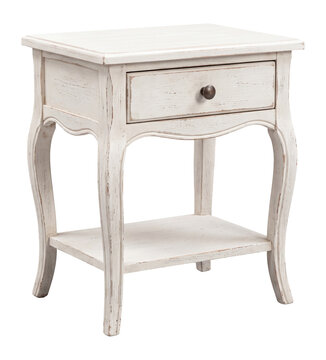 Provence bedside table in white painted wood with patina, vintage nightstand with drawer isolated on transparent background