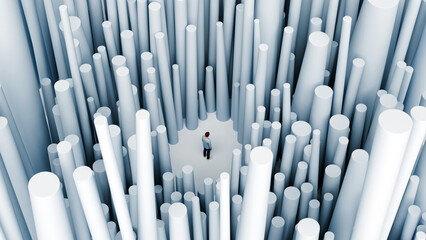 Obraz premium Man trapped with no way out in dense field of tall columns blocking all directions, stuck, confined and no exit business crisis concept, 3d render