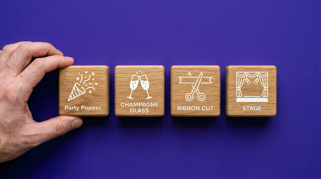 Human hand aligns four square wooden blocks featuring engraved icons of party popper champagne glasses scissors and a theatrical stage