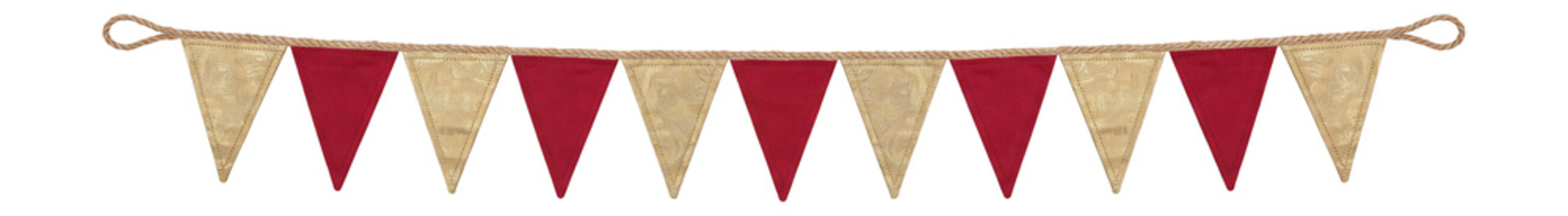 Fabric bunting garland with red and gold triangle flags on jute cord, festive pennant banner isolated on transparent background