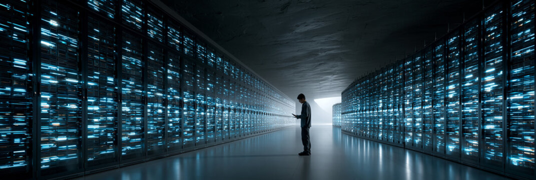Silhouette of a person standing in a futuristic data center filled with glowing servers.