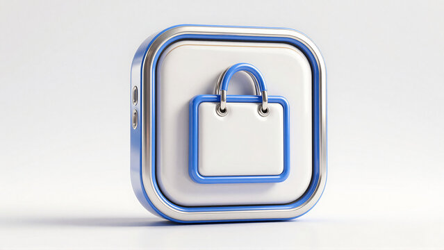 Futuristic 3D shopping bag icon button for retail e-commerce applications on white background