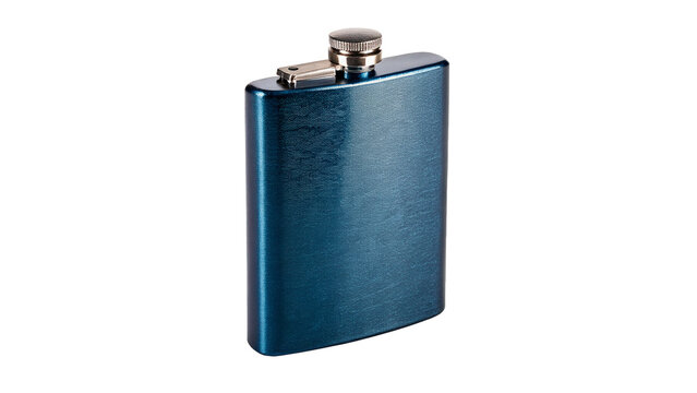 Sleek metallic blue pocket hip flask for alcohol isolated on transparent background