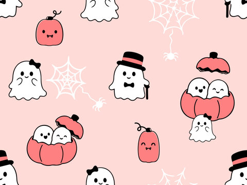 Cute seamless Halloween ghost and pumpkin pattern featuring playful sheet ghosts, pumpkin characters, spider webs, tiny spiders, and vintage costume details in hand drawn flat vector style.