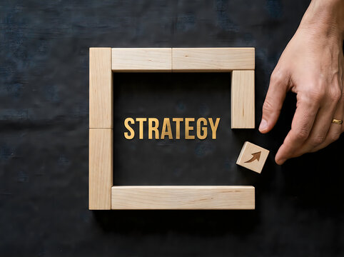 Wooden blocks forming a square frame with strategy text and hand placing an arrow piece for business growth conceptual planning