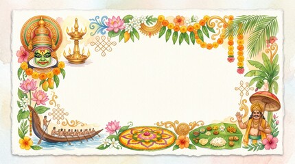 Fototapeta premium Onam festival celebration illustrated border with Kathakali performer, traditional lamp, flower rangoli, snake boat, festive feast, King Mahabali and tropical Kerala decorations with copy space