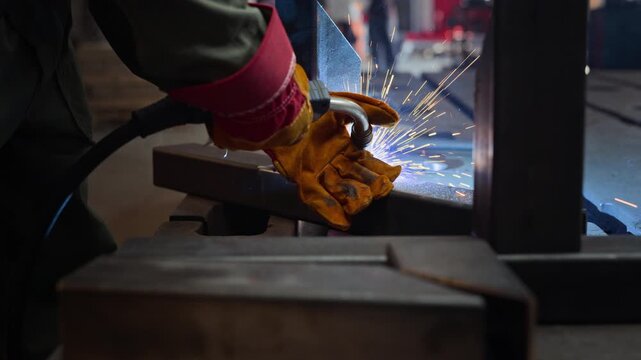 Welder wearing protective gloves welding steel beams in metal workshop, sparks flying from joint. Footage is ideal for industrial manufacturing and vocational training commercials