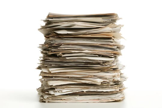 A large chaotic stack of old paper documents isolated on white background