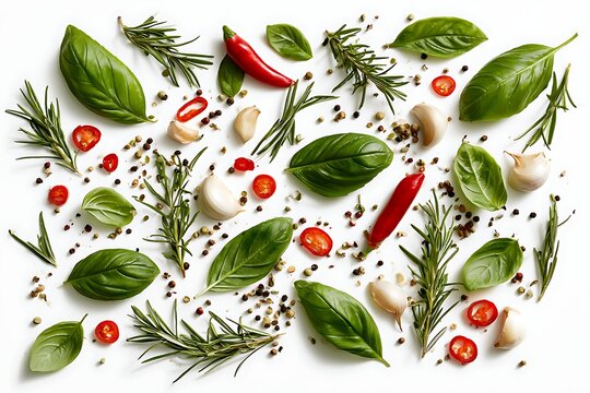 A culinary composition of fresh green basil leaves, rosemary sprigs, red chili pepper slices, garlic cloves, and peppercorns isolated on white background