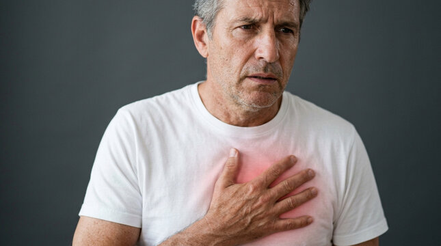 Mature Man Experiencing Chest Pain, Holding Chest