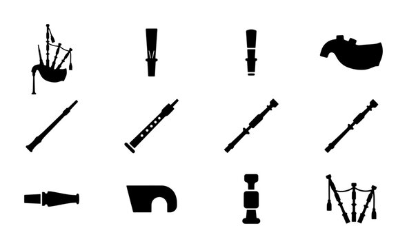 Scottish Bagpipes and Woodwind Instruments Vector Icons, Folk Music Ensemble Silhouettes, Traditional Celtic Musical Elements