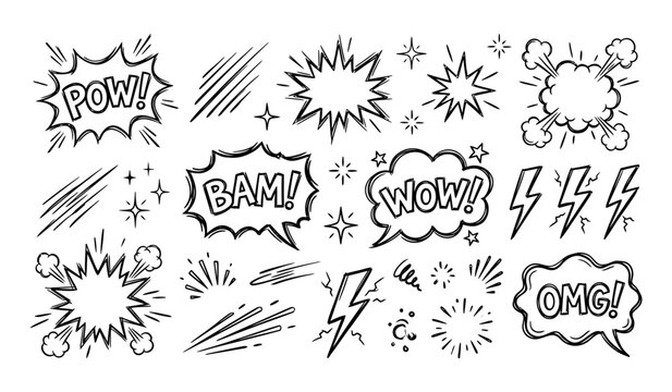 Comic speech bubbles with explosive sound effects for graphic story design.