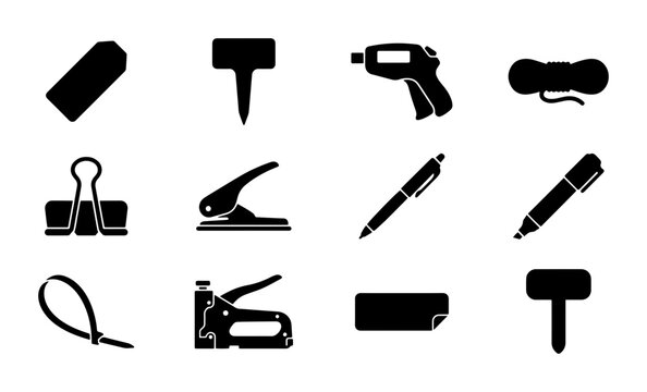 Office Supplies Icons Set: Stapler, Hole Punch, Glue Gun, Pen, Marker, Binder Clip, Tag, Cable Tie, Thumbtacks