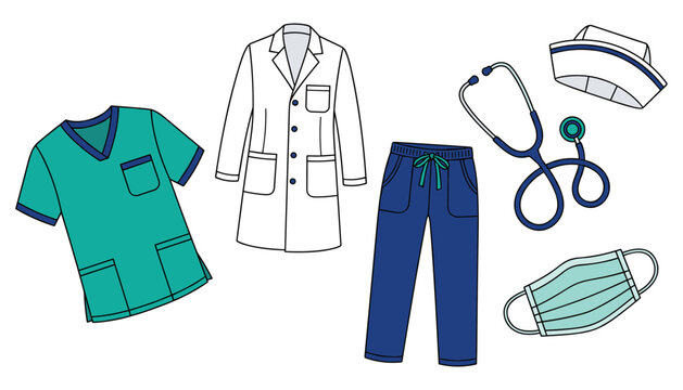 Medical uniform and healthcare accessories vector set with flat illustrations of scrubs lab coat stethoscope nurse cap and face mask