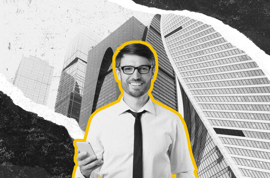 Smiling Professional Caucasian Man Holding Smartphone In Office While Wearing Formal Attire. Engaged In Business Activities With Modern Architecture In Background. Business Concept.