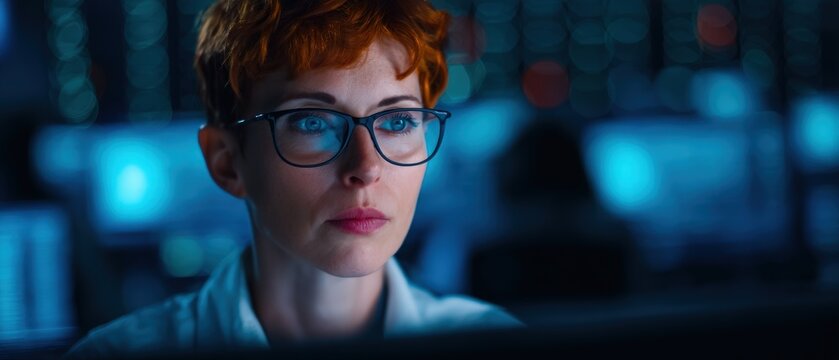 Woman with short red hair and glasses performing data analysis on computer in dark office illuminated by blue screen light for professional tech work