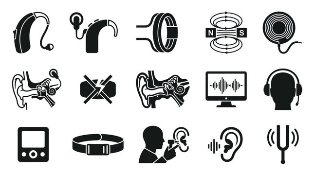Hearing Aid and Audiology Icons Set, Medical Devices and Sound Wave Graphics, Healthcare Technology and Diagnostic Tools Collection