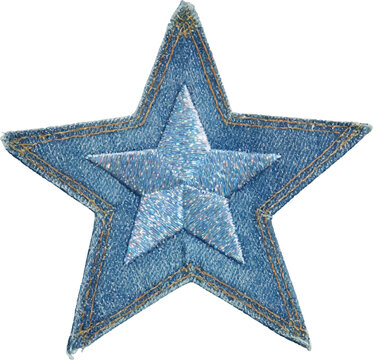 Blue denim star embroidered patch with light blue glittering thread for fashion, decoration, craft, and textile design, transparent background for easy integration