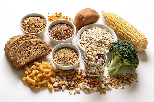 A collection of healthy high fiber foods including whole grains, legumes, vegetables, and seeds isolated on white background