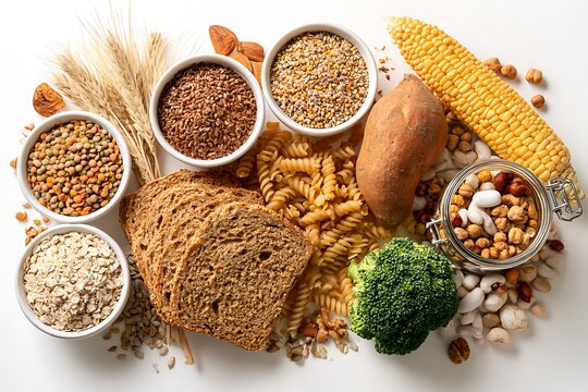 A collection of healthy high fiber foods including whole grains, legumes, vegetables, and seeds isolated on white background
