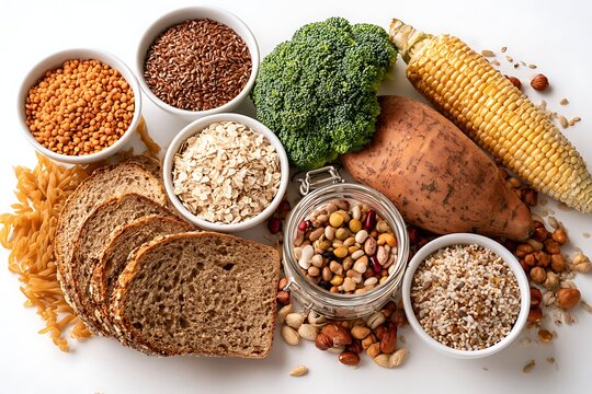 A collection of healthy high fiber foods including whole grains, legumes, vegetables, and seeds isolated on white background
