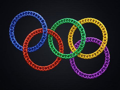 A stylized graphic illustration of five interlocking colored rings in a chain-link design symbolizing unity and international sportsmanship on a dark background