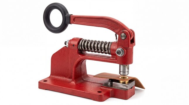 Industrial red metal grommet press machine tool for punching leather craft supplies with brass hardware hardware components on white background