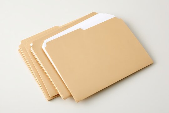 Open manila folders with papers isolated on white background