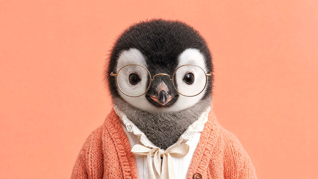 Funny baby penguin female character wearing glasses and a salmon color sweater, looking at the camera