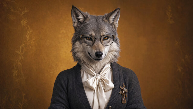 Anthropomorphic wolf female character with glasses posing for a vintage style studio portrait