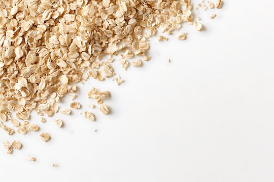 Raw rolled oats scattered on white background