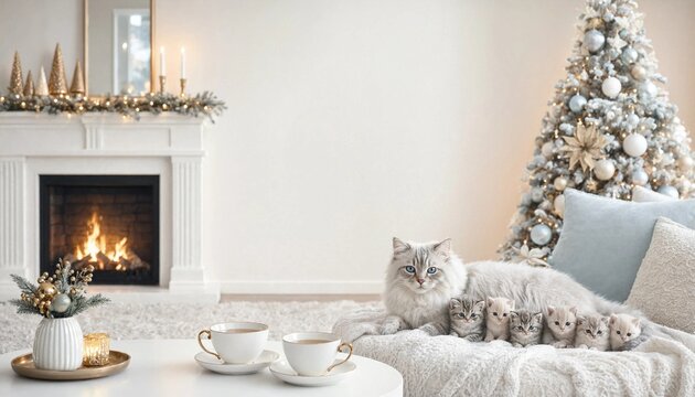 Fluffy cat with row of kittens resting on sofa in living room with Christmas tree and fireplace, tea cups on table, cozy pet family, winter holiday, Christmas.