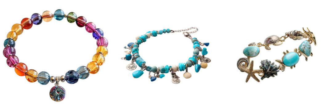 Three assorted bracelets: one with colorful beads, one with blue beads and shells, and one with sea-themed charms like turtles and starfish.