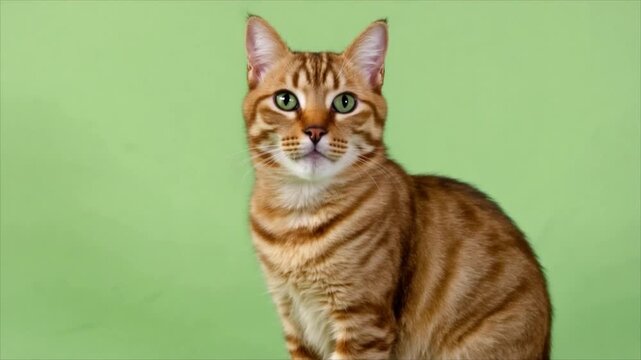 Orange tabby cat sits against a clean green studio background with generous copy space for pet advertising.