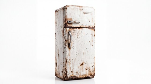Vintage retro refrigerator showing heavy rusted metal texture with worn paint surfaces and old silver handles isolated on white background