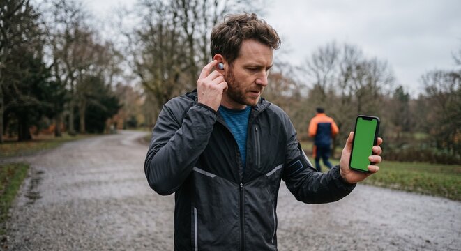 Man adjusting earbud holding blank phone screen in park