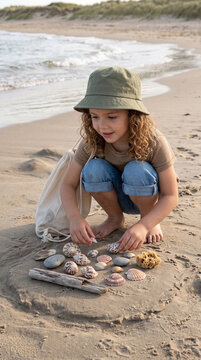 Child discovering a collection of seashells and natural objects during a beach exploration, environmental curiosity, simple ocean waves and sandy shapes, educational vacation concept, Children's Day