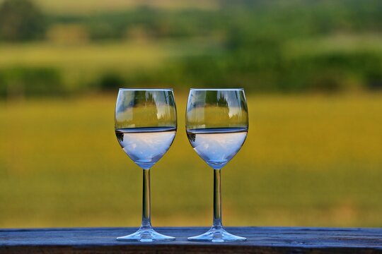 Zwei G&auml;ser mit Rose Wein mit sommerlicher Landschaft