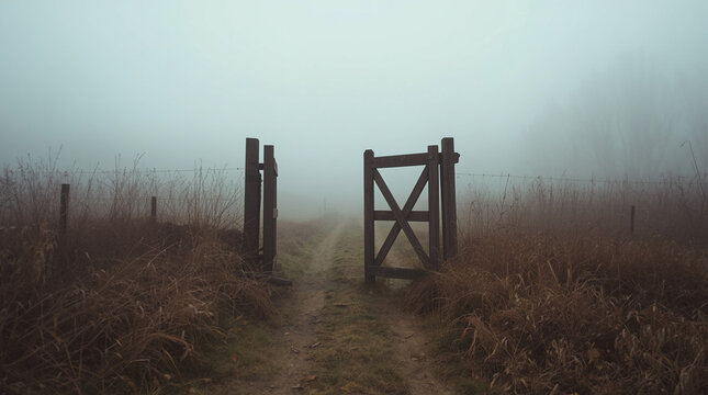 Wooden Gate Leading Into a Foggy Rural Landscape &mdash; Part of a Folk Horror and Dark Poetry Series