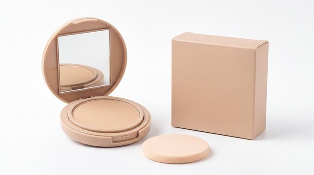 Open beige compact powder case with matching cardboard box packaging and soft applicator sponge arranged neatly on white background