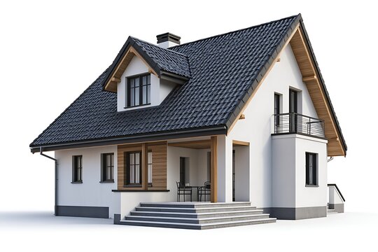 Modern suburban house with dark roof and wooden accents isolated on white background