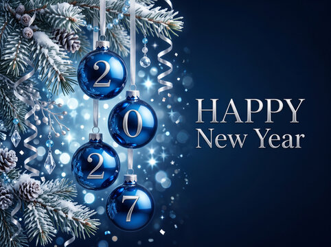 Happy New Year 2027 Greeting Card with Blue Ornaments and Fir Branch Background