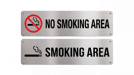 Fototapeta premium Rectangular brushed metal signage boards indicating designated smoking and no smoking zones with bold black lettering isolated on white background
